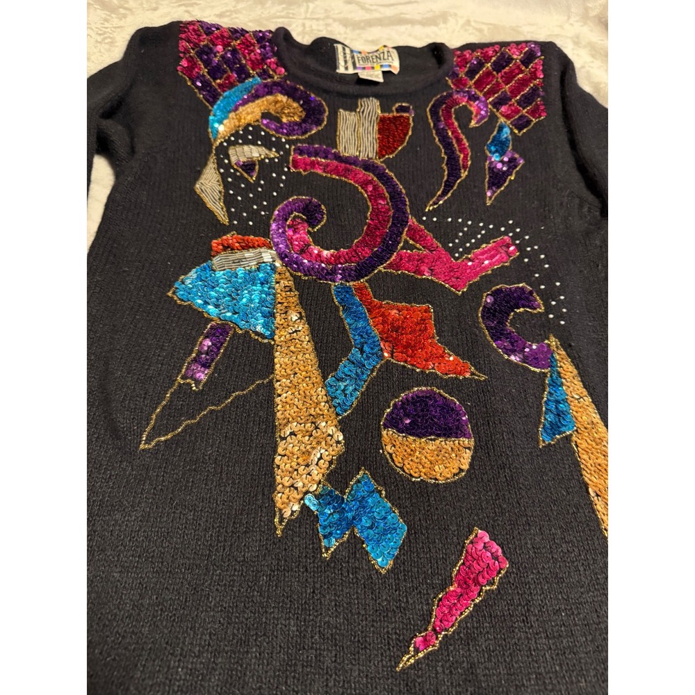 Vintage‎ Forenza 80s Sequin Sweater Dressy Black Silk Blend Geometric Medium